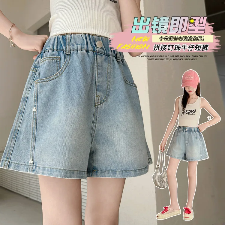 New Stylish Children Street Design Crystal Mini Denim Shorts with Pearl for Kids Girls Fashion Rhinestone Summer Jeans Shorts