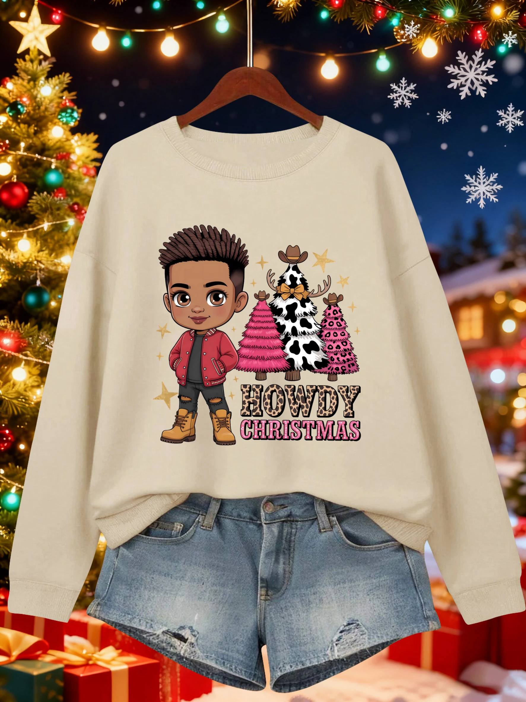 Howdy عيد الميلاد الأشجار الإبداعية يطبع المرأة البلوز Crewneck البلوز Y2K ملابس الصوف غير رسمية الخريف كل مباراة الشارع الشهير
