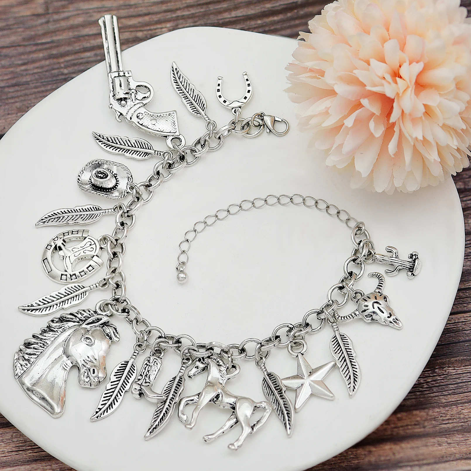 Vintage Wonderland Mirror Charms Beads Link Chain Crystal Bangle Bracelets For Women Pulseira Masculina Jewelry Accessories Gift