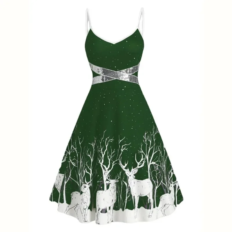 

Women's Dress Christmas Floral Print Cold Shoulder Flounce Trim Elegant Dresses for New Year Sexy Plus Size S-3xl Elk Deer