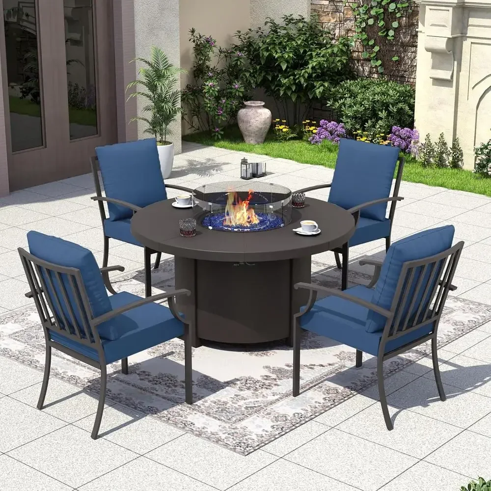 5-Piece Outdoor Patio Furniture Set with Round Fire Pit Table and Cushioned Chairs, Navy Blue