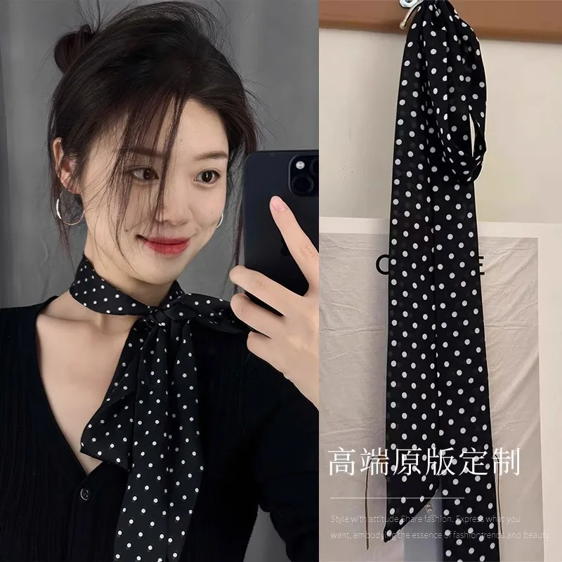 Sciarpa a pois nera nuova primavera Sciarpa da collo in seta quadrata di lusso da donna Fascia per capelli alla moda Accessorio elegante per abiti eleganti