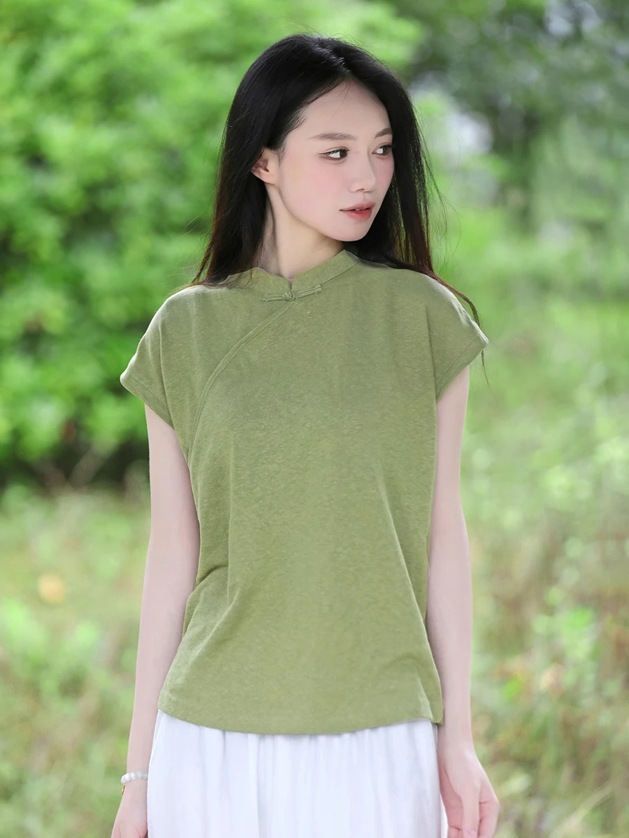 

LZJN Women's Chinese-style stand collar short sleeve cotton linen knit T-shirt solid color shoulder bottom shirt