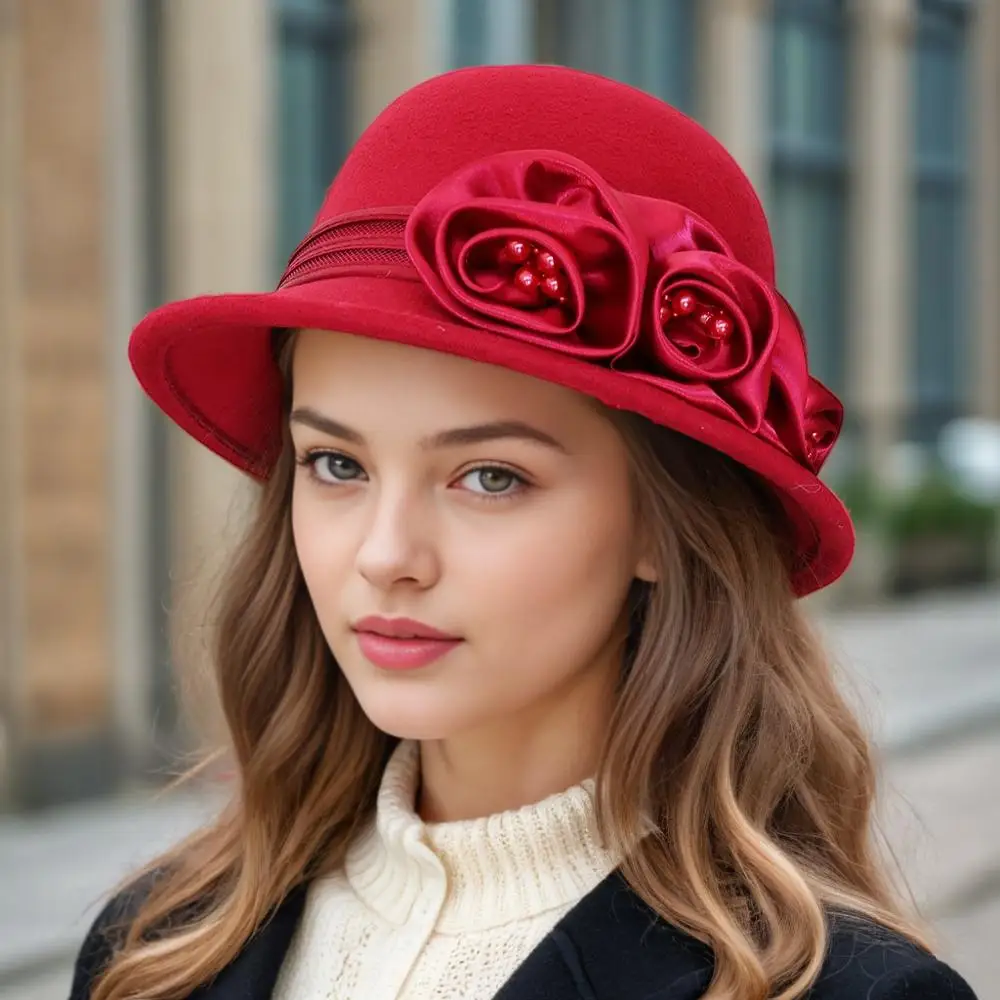 Jesienno-zimowy nowy wełniany cylinder, damski kapelusz rybaka w stylu brytyjskim Hepburn, kwiat róży, elegancki i modny, wszechstronny