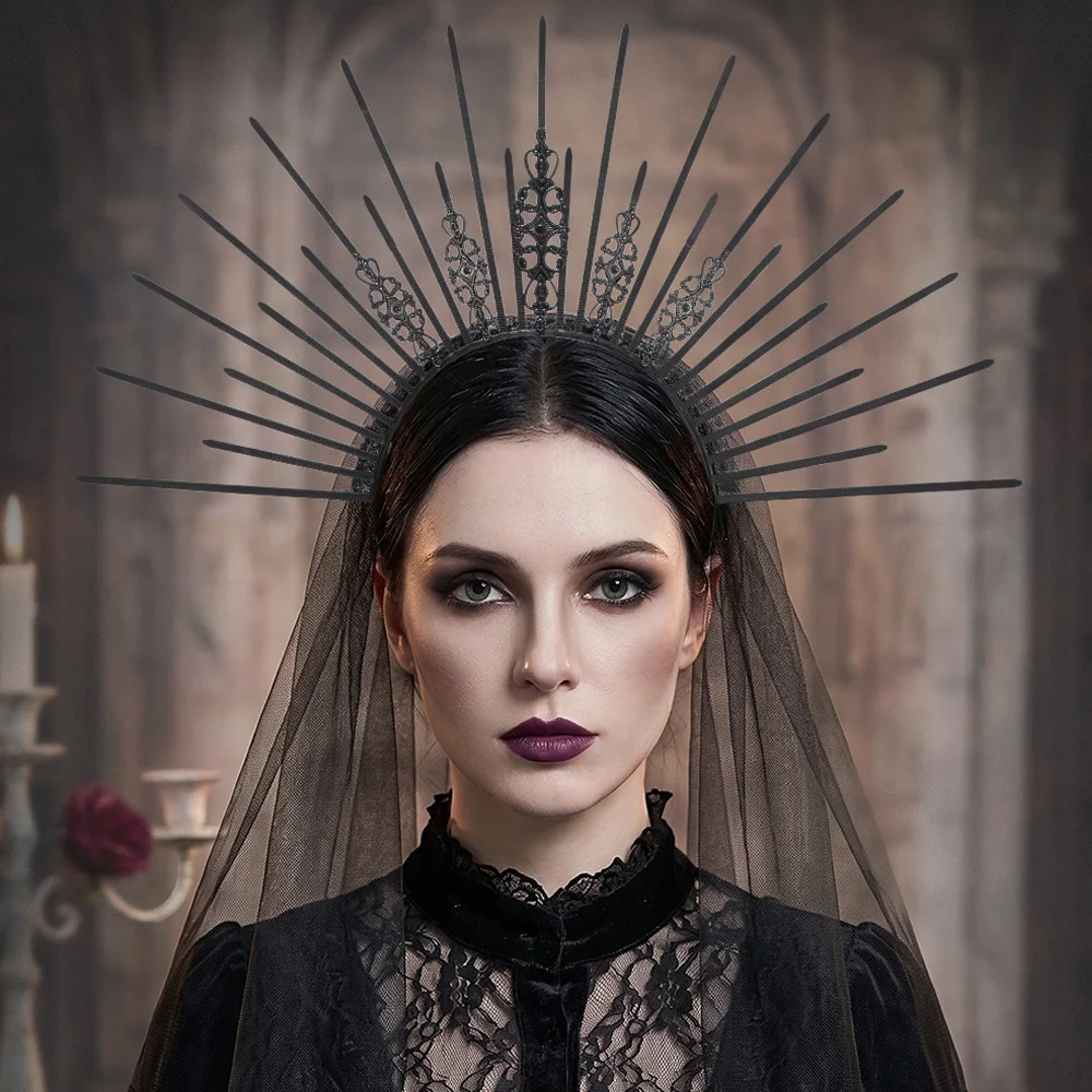 Vintage Gothic Sunburst Headpiece With Veil Cosplay Dark Bride Queen Crown Headwear Halloween Carnival Party Costume Props