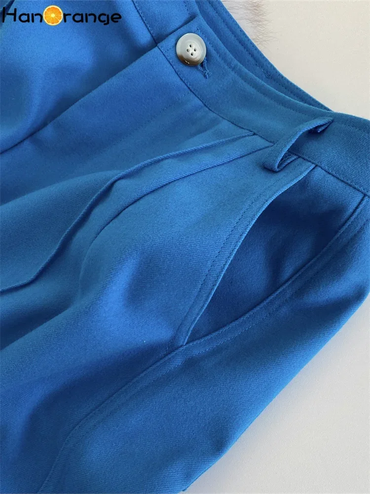 HanOrange 2025 Winter Niche Vintage Fashion Loose Straight Stitched Curly Pants Women Thickened Trousers Female Black/Sky Blue