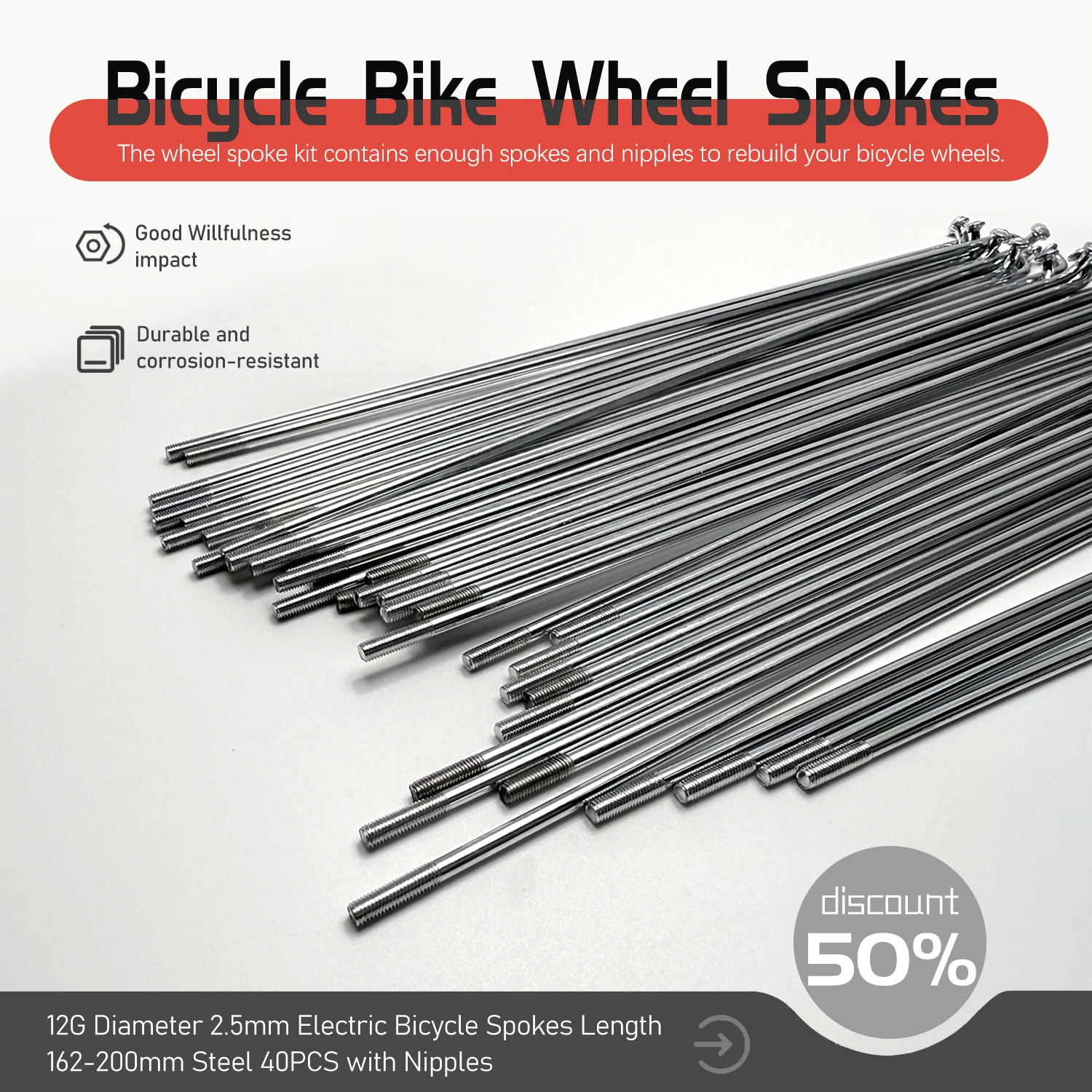 

40 шт. велосипедные спицы, спицы для колес велосипеда, диаметр 12 г, длина 2,5 мм, длина 162-200 мм, высокопрочные спицы для электрического велосипеда из нержавеющей стали
