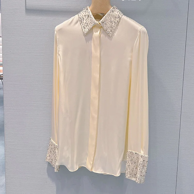 

Satin Luxury Shirt Notch Lapel Wrinkle Free Handmade Rhinestone Long Sleeve Top Y2K Fall Winter t shirt