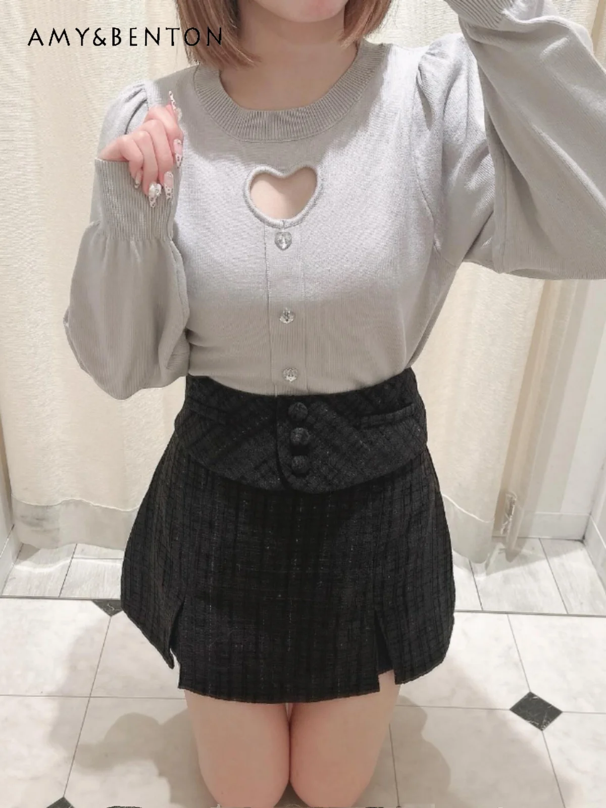 

Japanese Sweet Cute Tweed Plaid Skirt High Waist Slim Patchwork Split Mini Skirt Commute Style All-Match A-line Skirt women