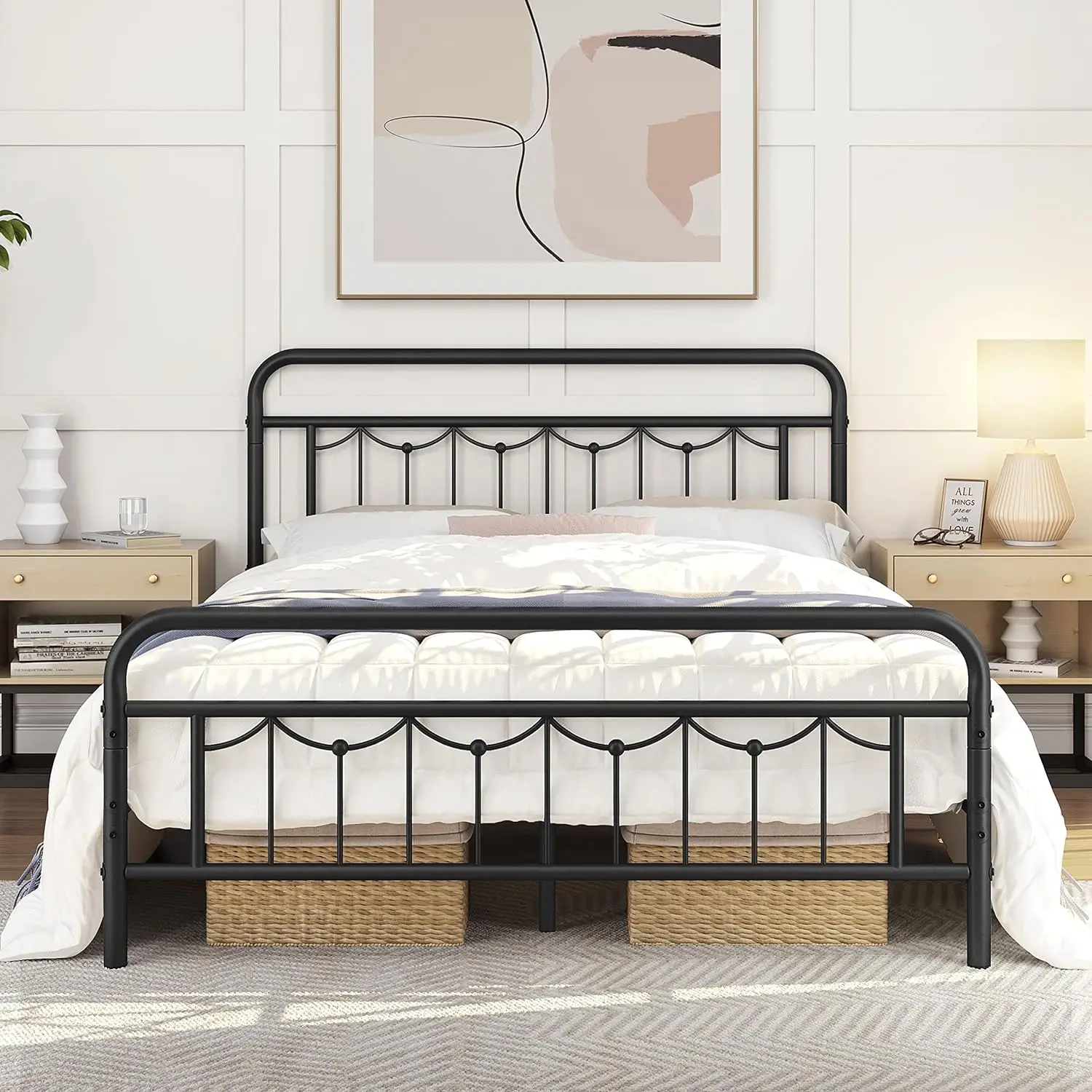 Metal Bed Frame with Vintage Headboard and Footboard, Farmhouse Metal Platform Bed, Heavy Duty Steel Slat Support