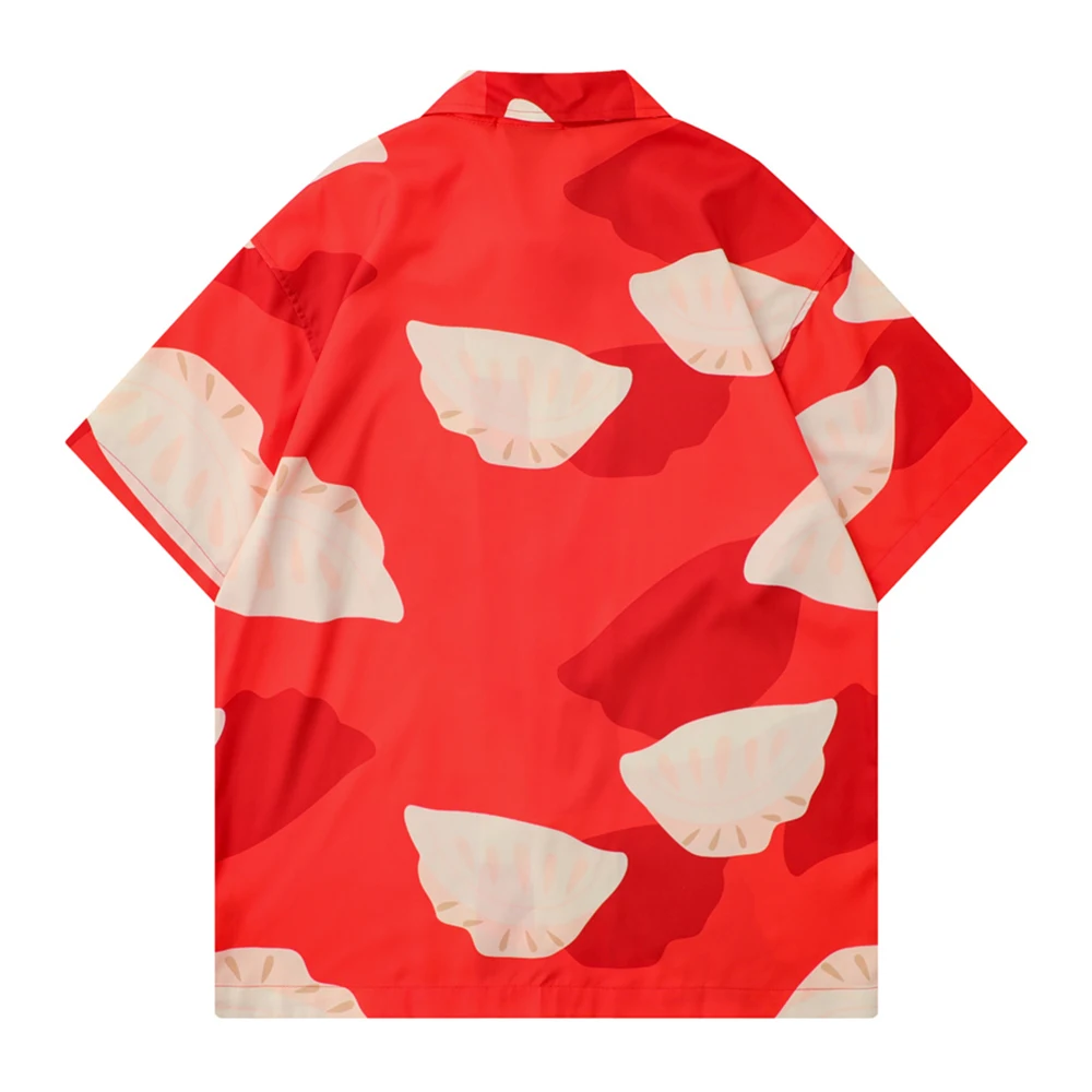 Camisa havaiana estampada completa de bolinho masculino, gola virada para baixo, azul, vermelho, verão