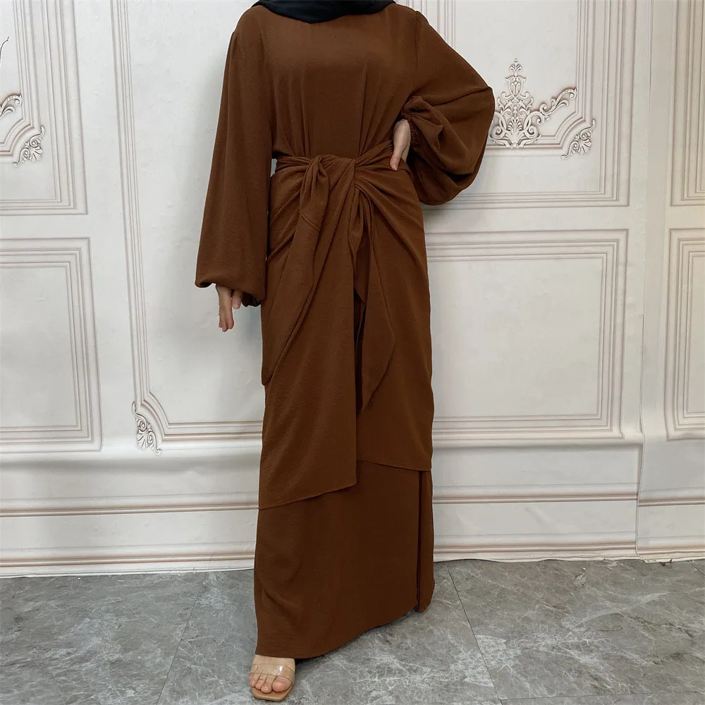 2 Piece Matching Abaya Dress for Women Islamic Long Dresses with Wrap Skirt Dubai Turkish Modesty Muslim Set Ramadan Eid Outfits