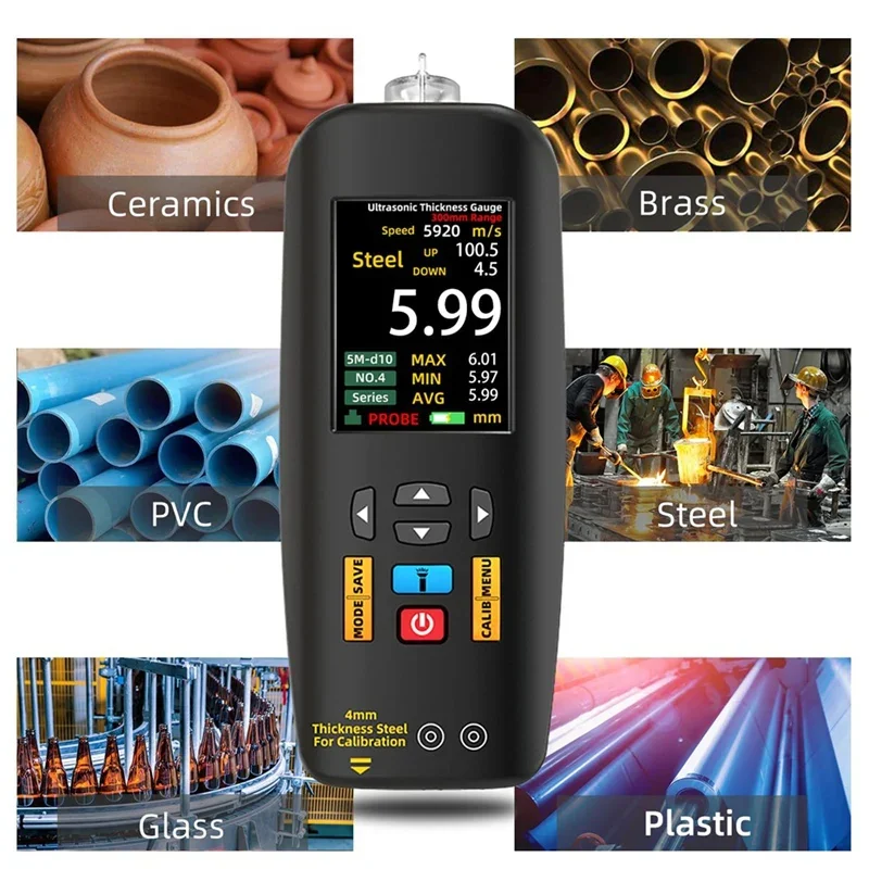 مقياس سمك بالموجات فوق الصوتية، نطاق 1-300 مم مع شاشة ملونة، مع مسبار لقياس المعدن الصلب والبلاستيك الفضي PVC
