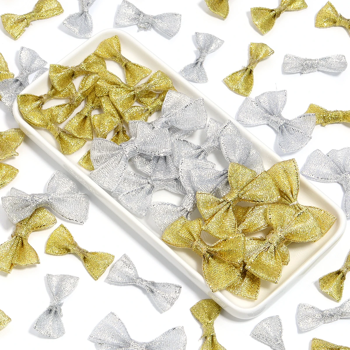 20-30pcs/lot Gold Silver Satin Ribbon Bows Handmade Mini Bow Ties For Wedding Party Gift Bags Decoration Garments Accessories