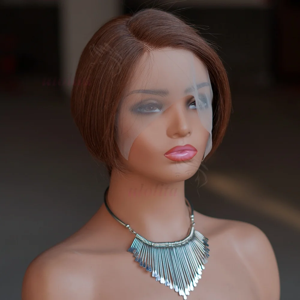 # 4 Braune Gerade Pixie-Cut-Perücke 13x4 Transparente Lace-Frontal Echthaar-Perücken Kurze Bob-Perücke Brasilianische Seitenpart-Perücken für Frauen – Detail 3