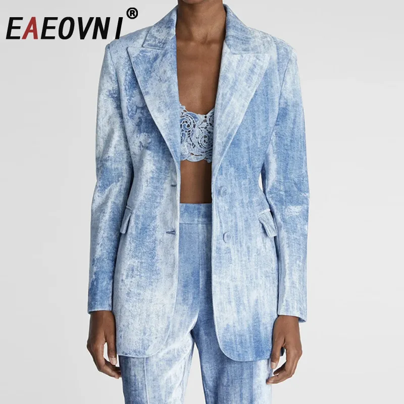 

EAEOVNI High Street Women's 2 Piece Set Fashion Tie Dye Design Button Blazer + Long Pants High End 2025 Spring New Sets 1A310