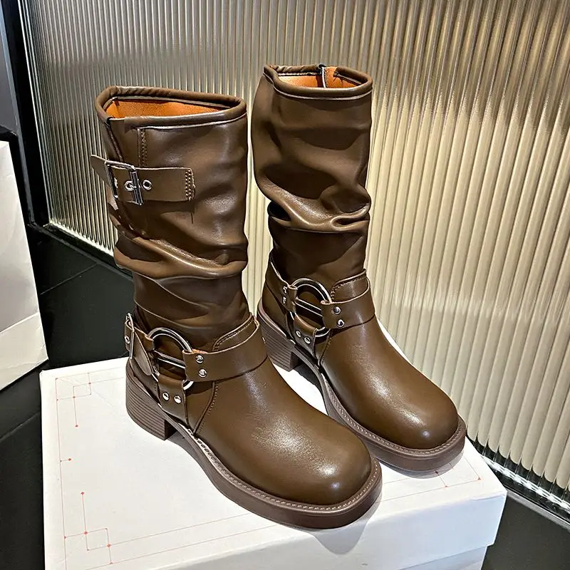 

Коричневые полувысокие сапоги с квадратным носком и пряжкой для женщин, трендовая обувь для косплея 2025, акция в готическом стиле, новые женские туфли до середины икры