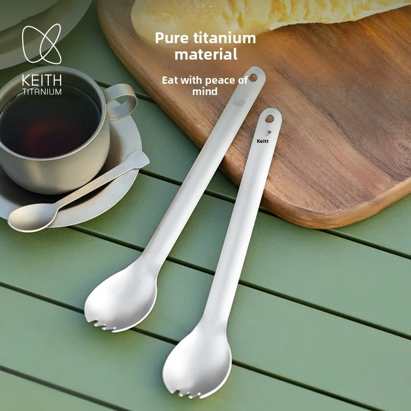 ملعقة كيث من التيتانيوم النقي بمقبض طويل للتخييم والمشي والسفر أدوات مائدة مضادة للبكتيريا خفيفة الوزن لأدوات تناول الطعام في الهواء الطلق قابلة للغسل في غسالة الأطباق