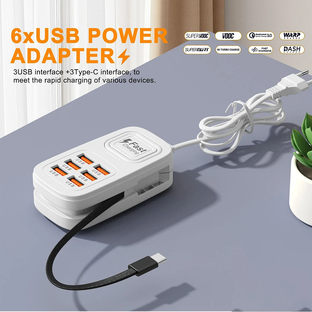 6 Ports USB Fast Charger Power Strip Desktop Charging Station Fast Charging EU/UK/US Plug USB HUB Adapter Socket 3Type C 3USB