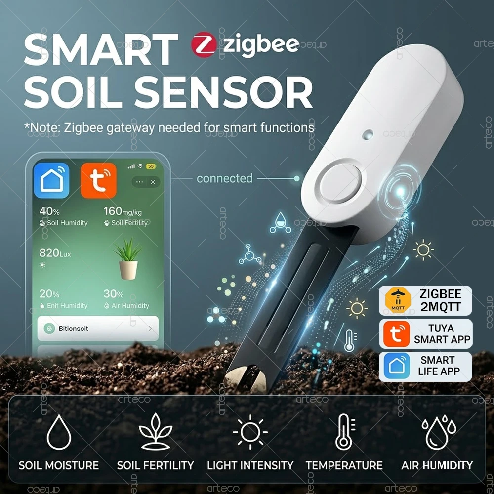 Zigbee Smart Soil Moisture Sensor 5-In-1 Tester Temperature Humidity Light Fertility Detector Plant Monitor For Tuya Zigbee2MQTT
