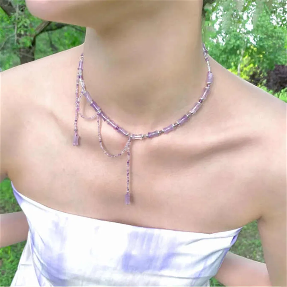 S925 Sterling Silver Necklace Natural Amethyst Bamboo Beaded Clavicle Chain Colored Stone Stitching Tassel Female Fine Jewelry