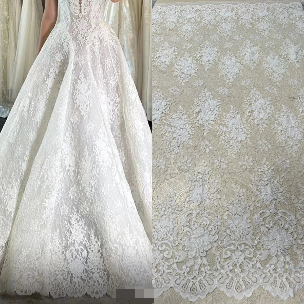 150CM Wide latest white cord lace French style Off White Lashes Lace fabric cloth material with Cording Luxury 3m price