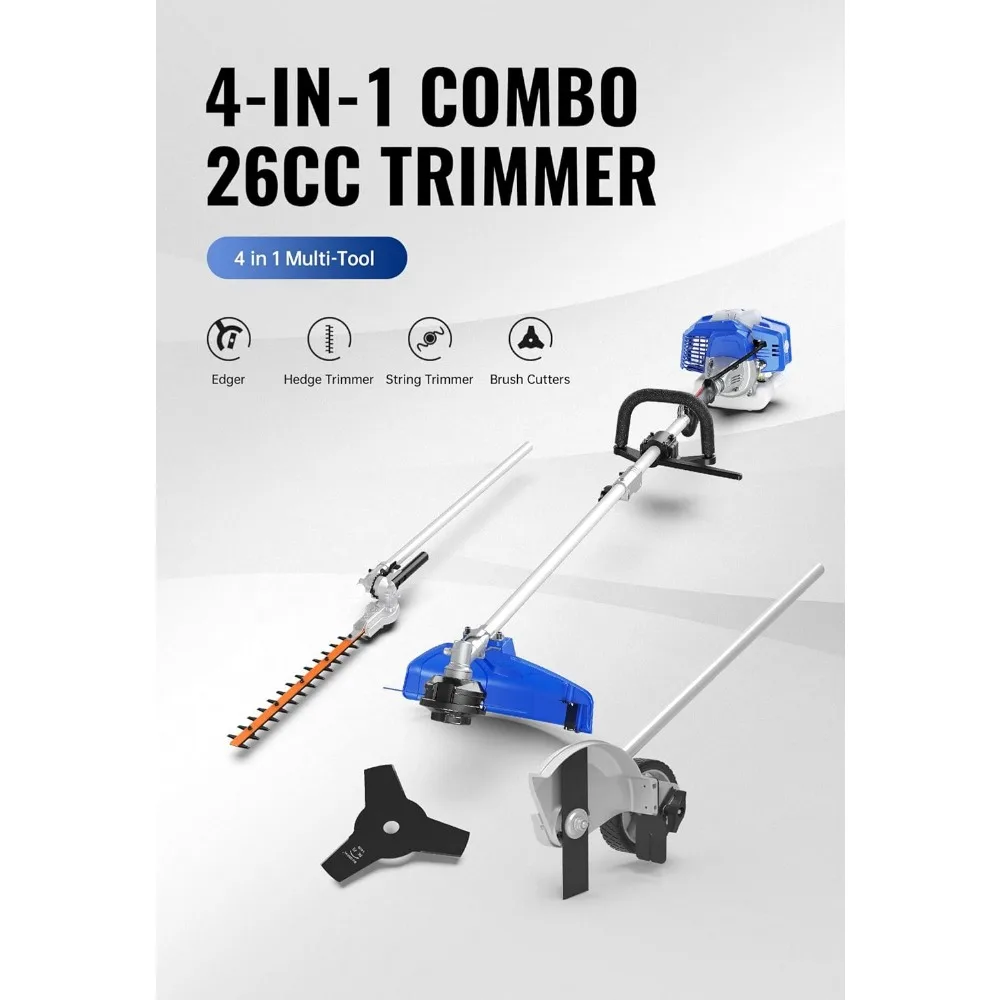 26cc Weed Wacker แก๊สขับเคลื่อน 4 in 1 String Trimmer ล้อ Edger Hedge Trimmer และเครื่องตัดแปรงใบมีด Multi Yard Care เครื่องมือ