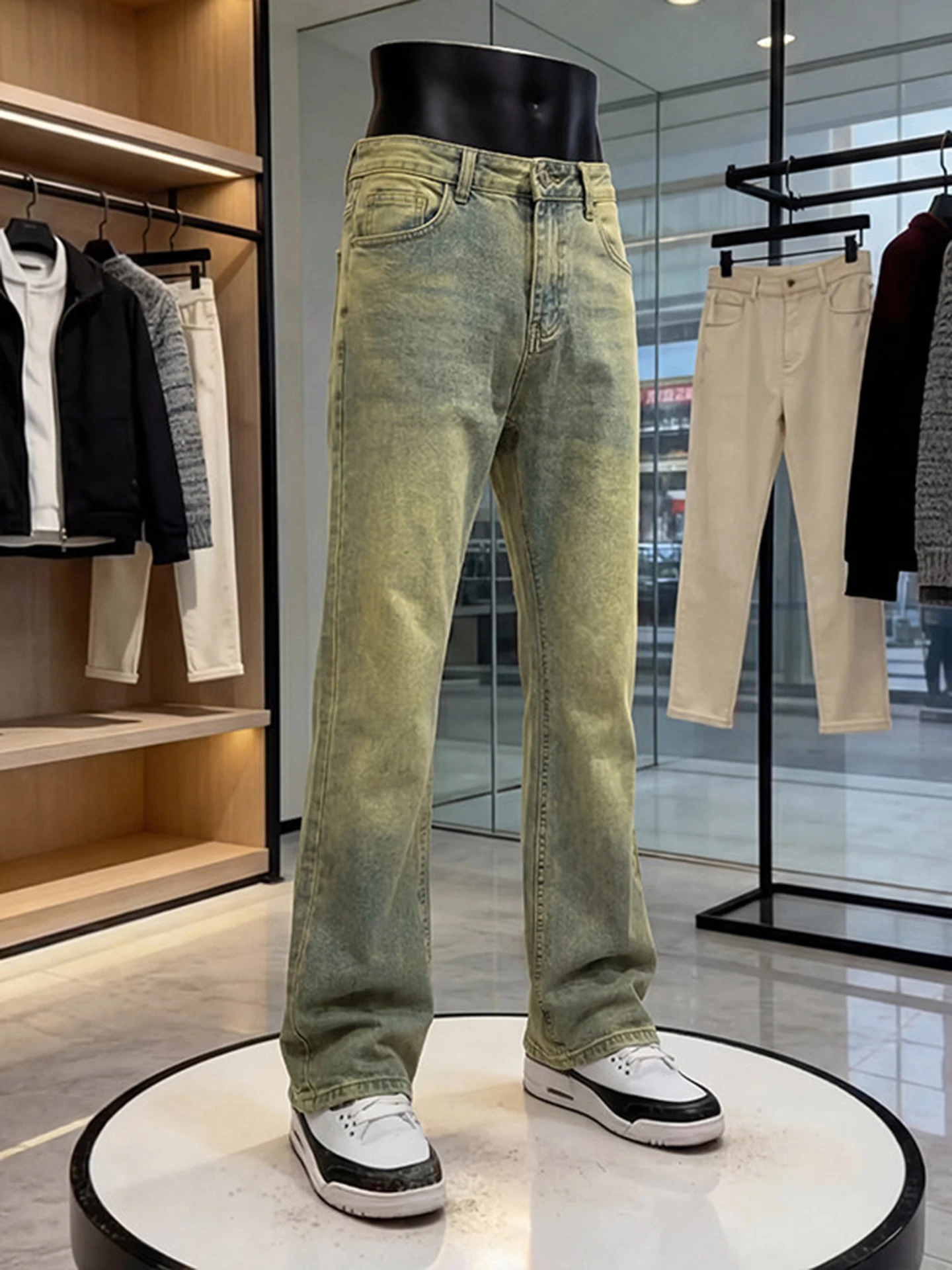 

Retro Blue Knife Jeans Men's Spring Autumn American High Street Vibe Flared Straight Leg Clean Fit Jeans Casual Wear
