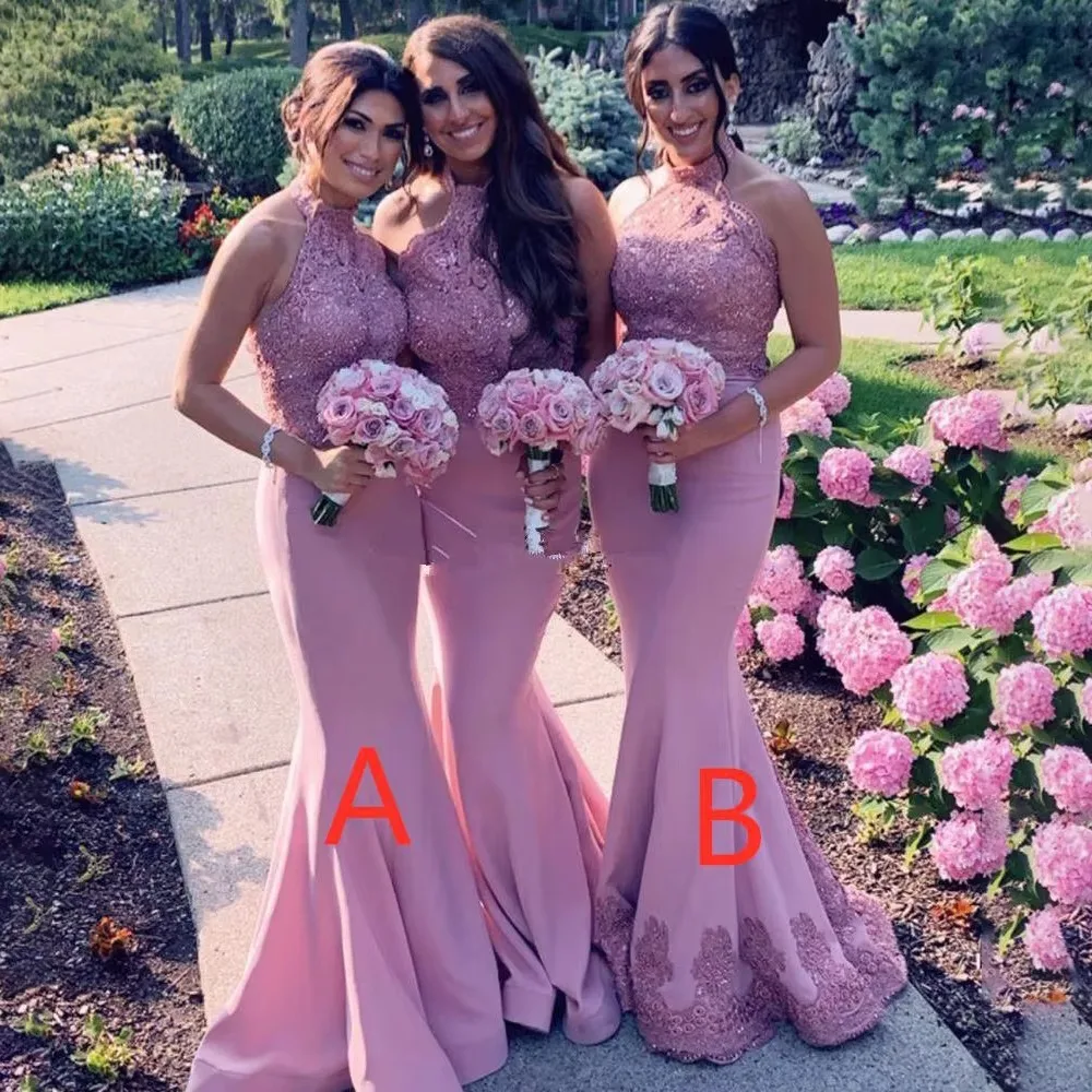 

Dusty Pink Bridesmaid Dresses Mermaid Satin Applique High Neck Backless Wedding Guest Gown Brush Tail Vestido De Noiva Custom