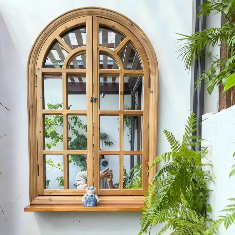 Vintage French Style Arch Window Decor, Distressed Solid Wood Fireplace Mantel Shelf，Farmhouse Rustic Home Decor Display Piece