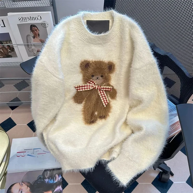 Autumn Faux Mink Velvet Sweaters Women Winter Sweet Bear Casual O Neck Knitted Pullover Korean Loose Preppy Mujer Jumpers New