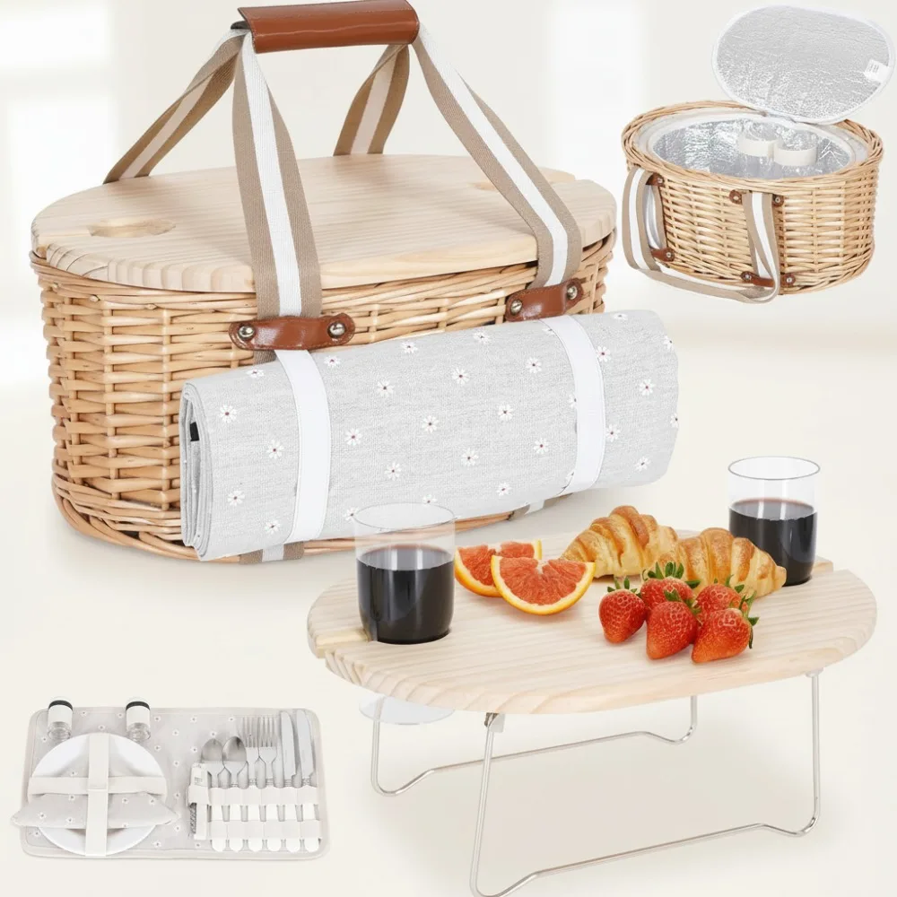 

Insulated Picnic Basket Set for 2 with Waterproof Blanket & Wine Table - Outdoor Camping Romantic Gift