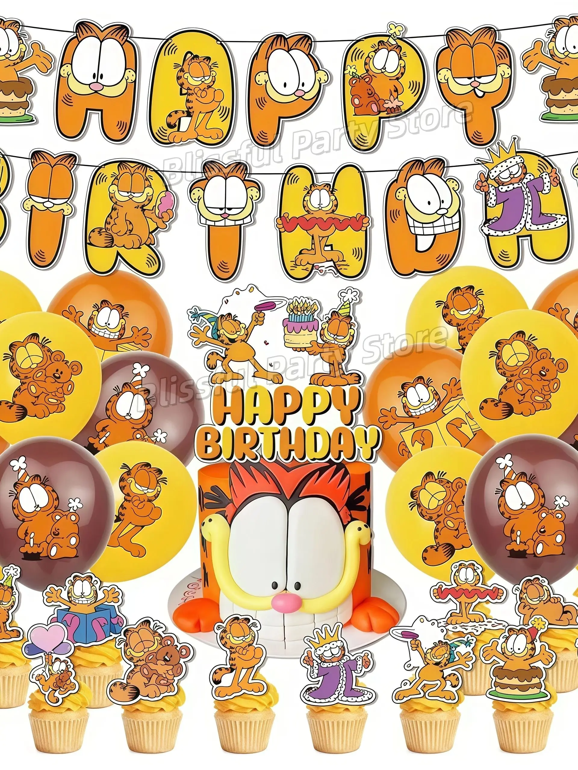 Zestaw dekoracji na przyjęcie urodzinowe z motywem Garfielda: talerze, kubki, serwetki, balony, baner, upominki dla dzieci, artykuły na baby shower. — 2