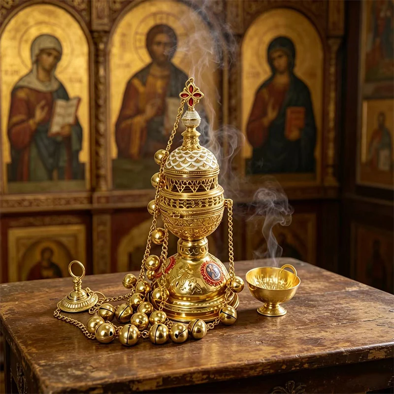 Vintage vergoldeter orthodoxer hängender Weihrauchbrenner mit emaillierten Ikonen und Glocken für den Heimaltar, Gebet, Andacht, christliche religiöse Zeremonien – Detail 1