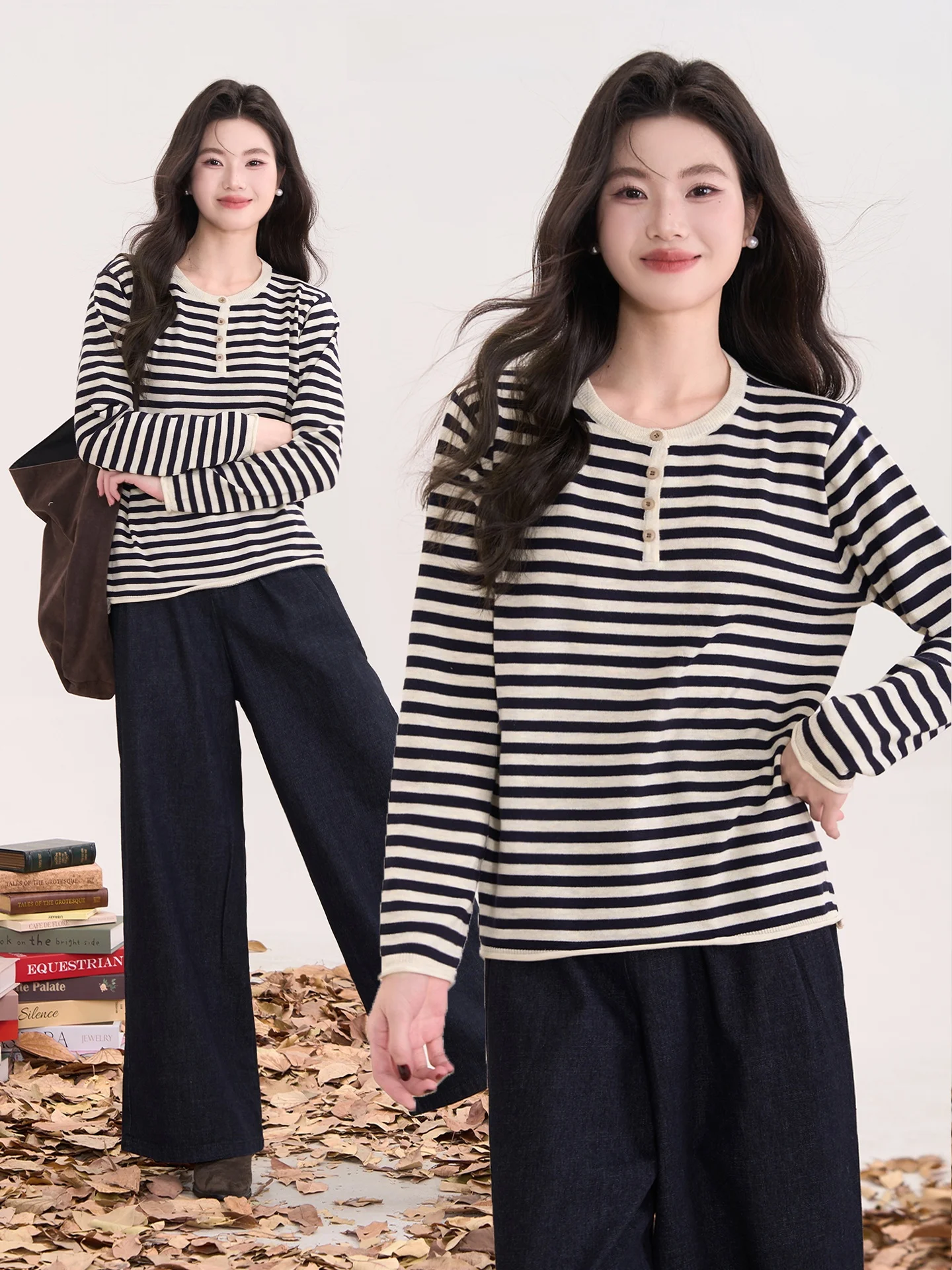 

Heme Knitwear round Ne Long Sve Striped Top Women's Spring Faion Commute Sle Nylon Blend Comfortable Loose Fit
