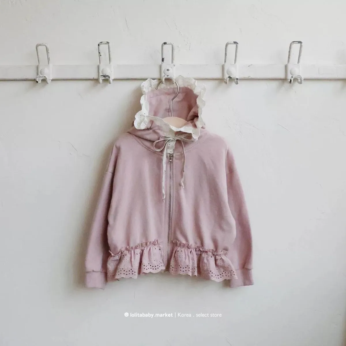 

Spring and Autumn Baby Girl's Jacket Fashionable Children's Sweet Lace Pinch Waist Hooded Zipper Coat