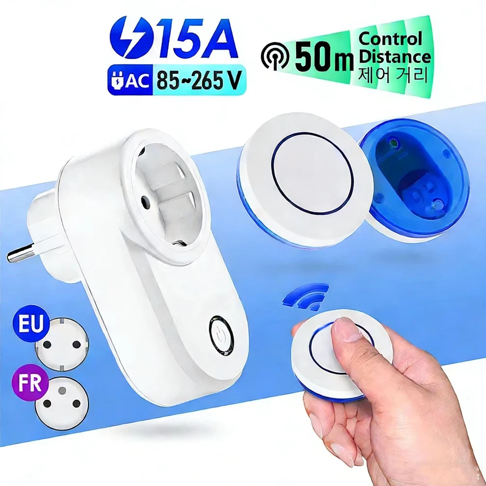 KEBIDUMEI Wireless Remote Control Socket 220V 110V EU FR Smart Plug 15A Power Outlet 50m Receiver for Home Appliance Light Fan