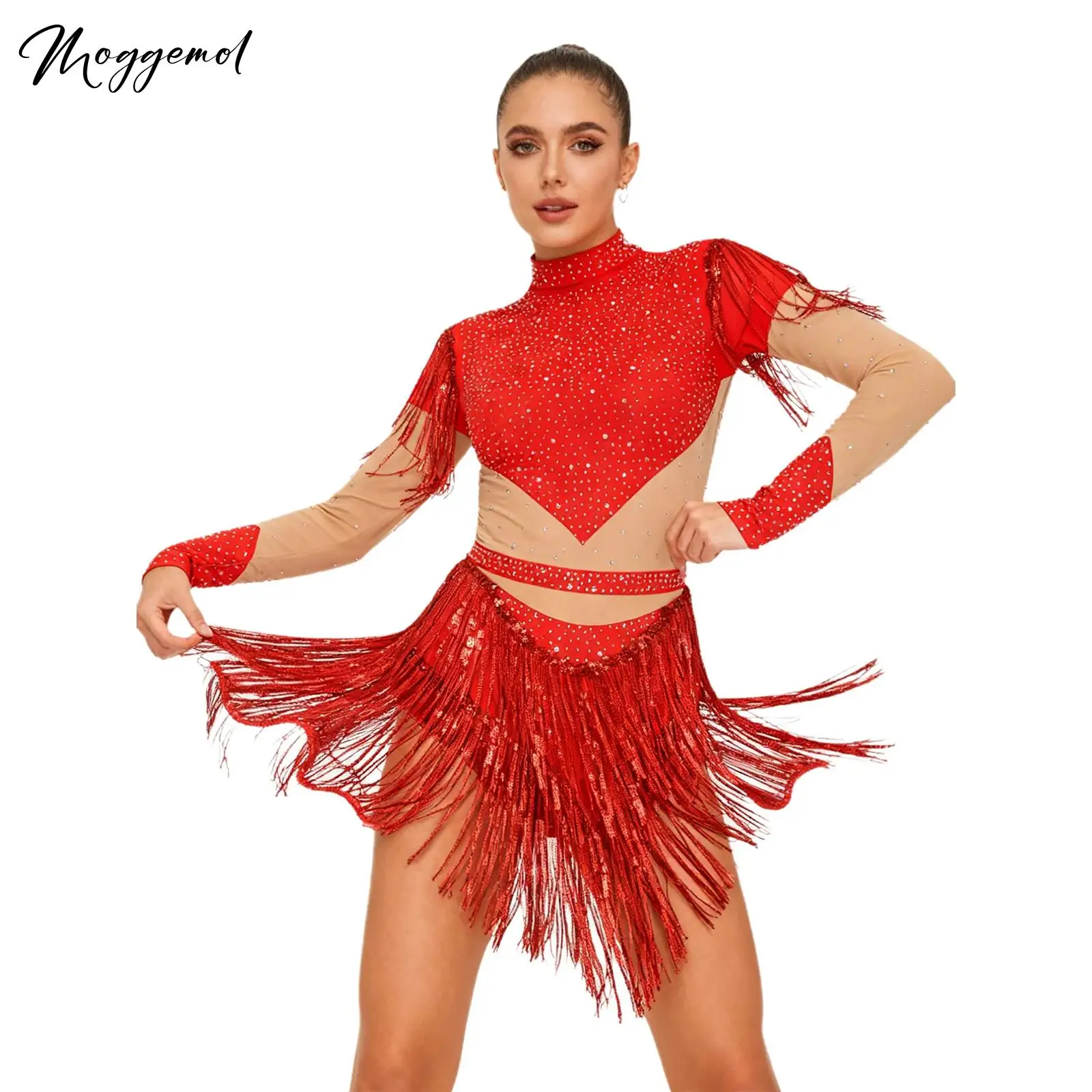 

Womens Latin Chacha Dance Rhinestone Gymnastics Bodysuit Sequin Tassel Long Sleeve Back Zip Figure Skating Leotard Jumpsuit