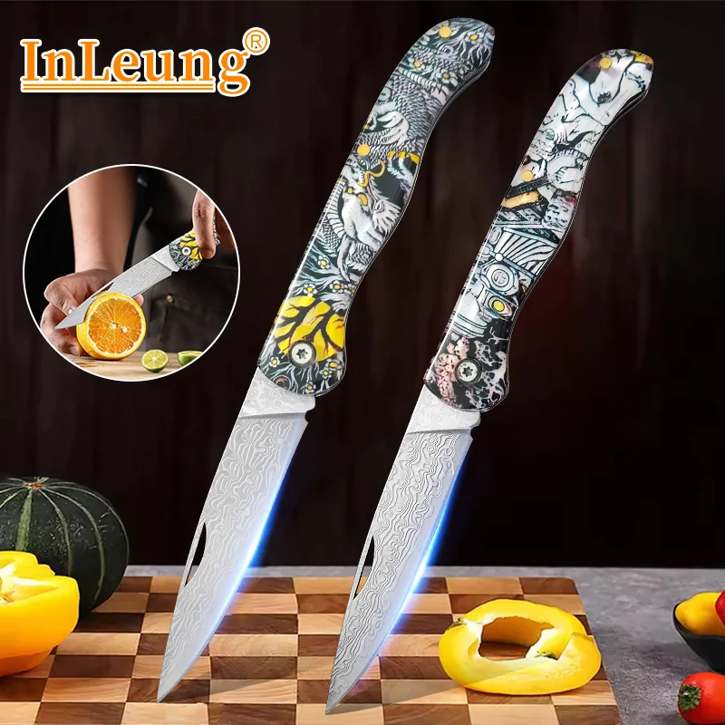 

Damascus Steel Folding Knife Portable Fish Boning Knife Plastic Handle Multifunctional Pocket Utility Knife Kitchen Fruit Knife