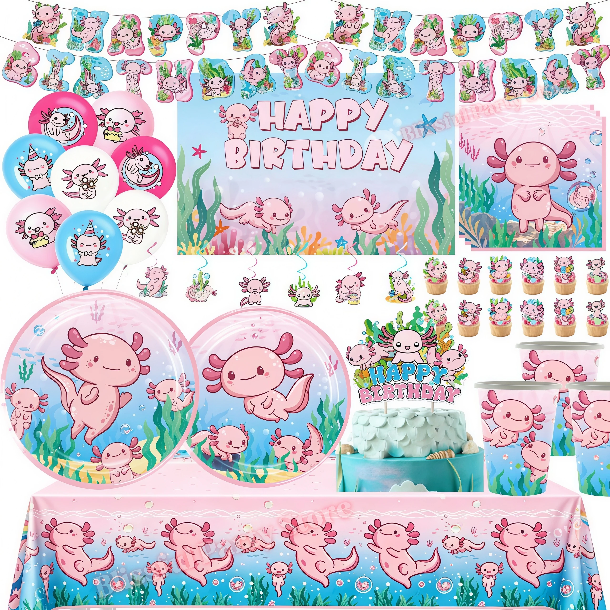 Cartoon Axolotl Geburtstagsparty-Dekoration Rosa Salamander Teller Becher Ballons für Kinder Geschenke Baby-Shower-Zubehör Requisiten