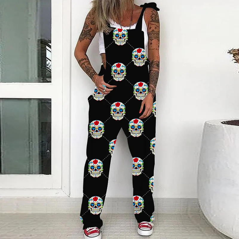 Women's Sexy Spaghrtti Strap JumpSuits Romper Pocket Overalls Sleeveless Wide Leg Skull Printed Punk Jumpsuit for Women Clothing