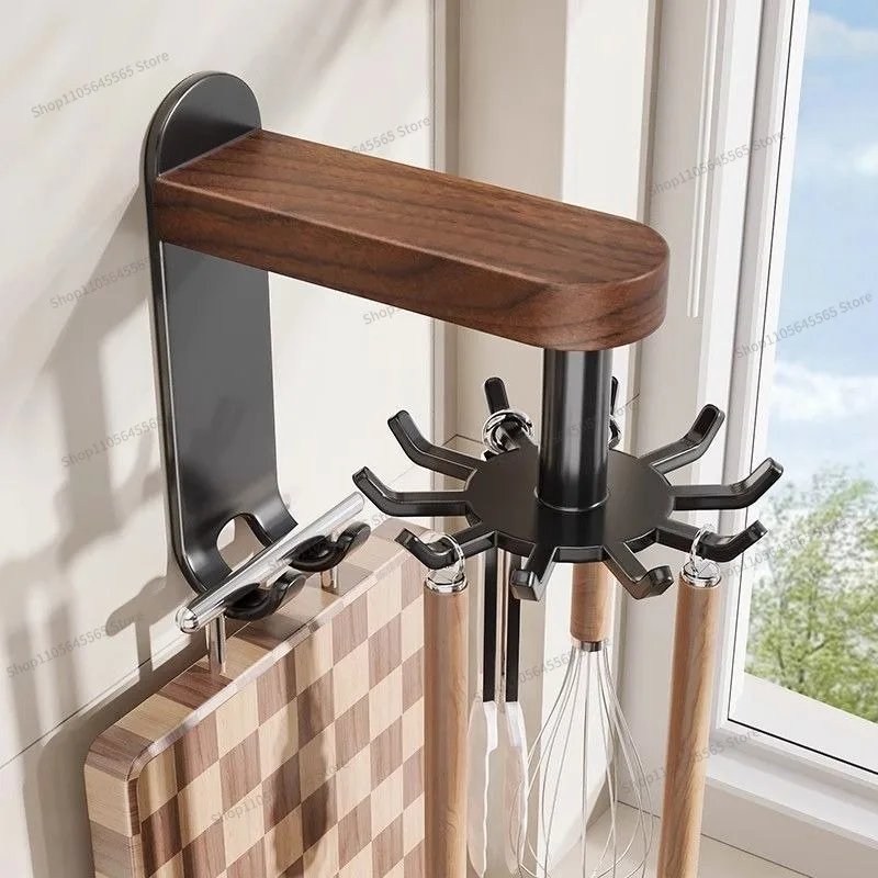 For Walnut Kitchen Hook Non-punching Rotating Multi-functional Solid Wood Rack