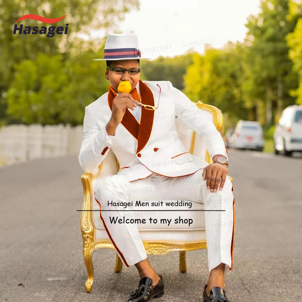 Traje de boda blanco para niño, esmoquin de 3 piezas para fiesta de graduación, Blazer ajustado de terciopelo rojo, chaqueta de doble botonadura, chaleco y pantalones