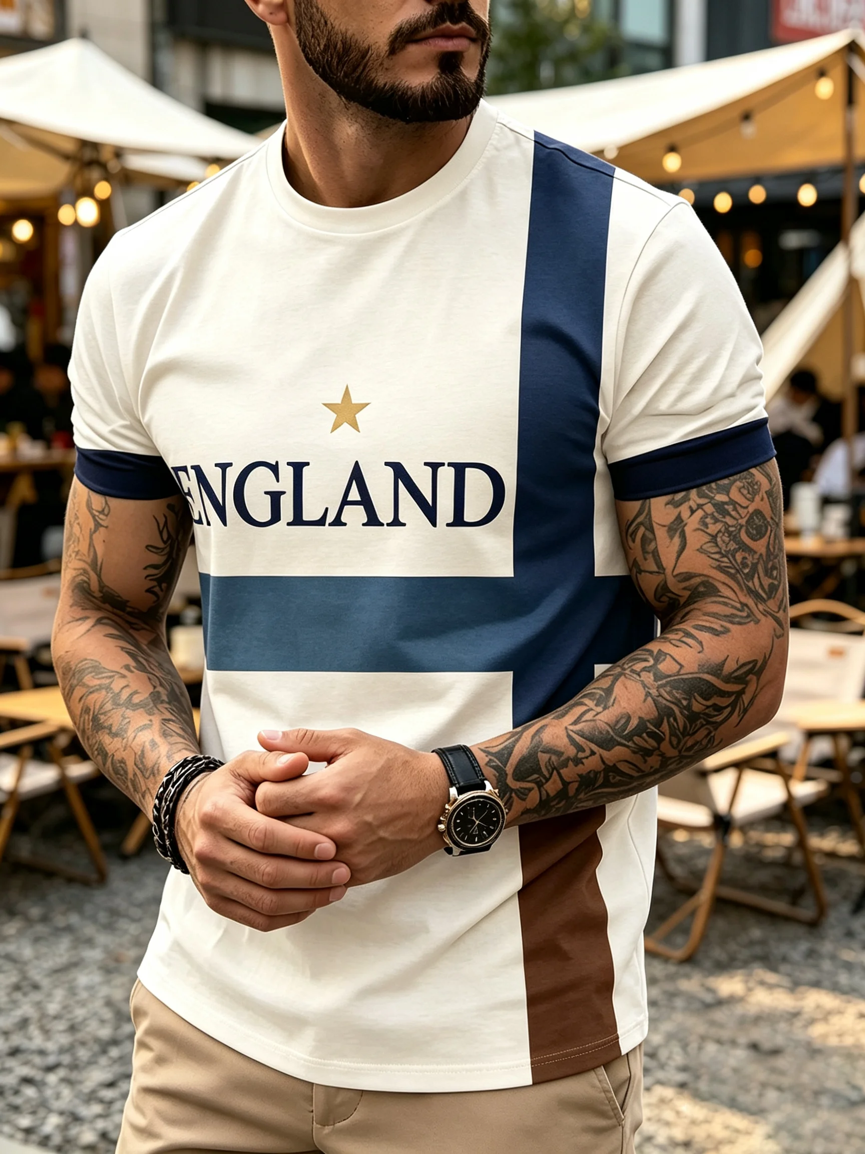 Men England Soccer Jersey T‑Shirt St. George Cross  Star ENGLAND Letter Cuff Short Sleeve Football Supporter Sports Casual Tops