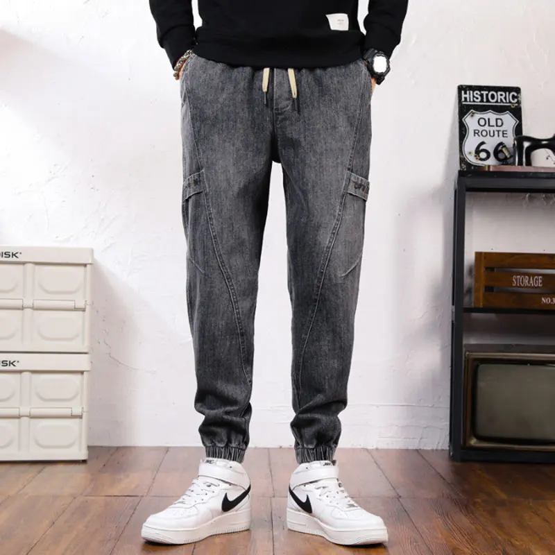 Vintage Loose Haren Jeans Spring Autumn Youthful Vitality Spliced Men's Clothing All-match Elastic Fashion Drawstring Trousers