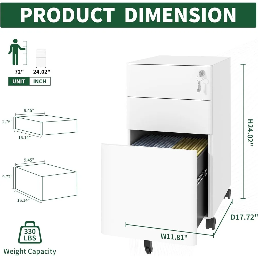 خزانة ملفات متنقلة من الفولاذ الأبيض ذات 3 أدراج مع قفل، وأدراج ضحلة وعميقة، وميزة مضادة للطرف، وحل تخزين آمن