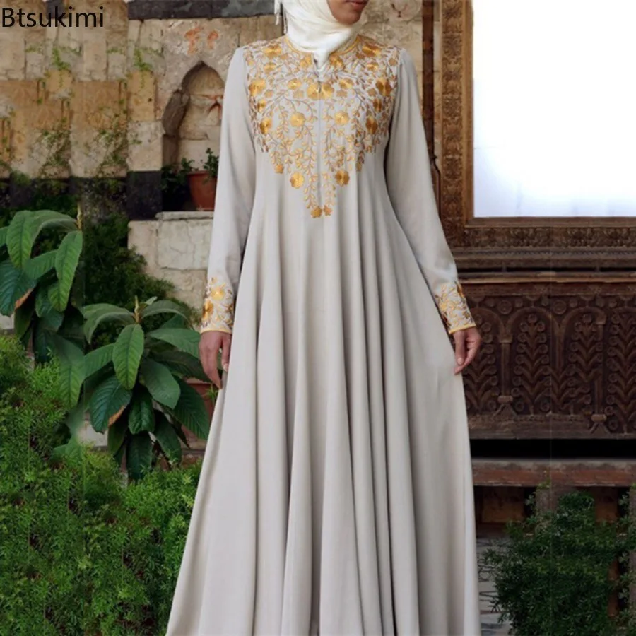 2024 New Muslim Long Dresses for Women Casual Vintage Abaya Islam Clothing Ethnic Style Printed Maxi Dress Elegant Evening Dress