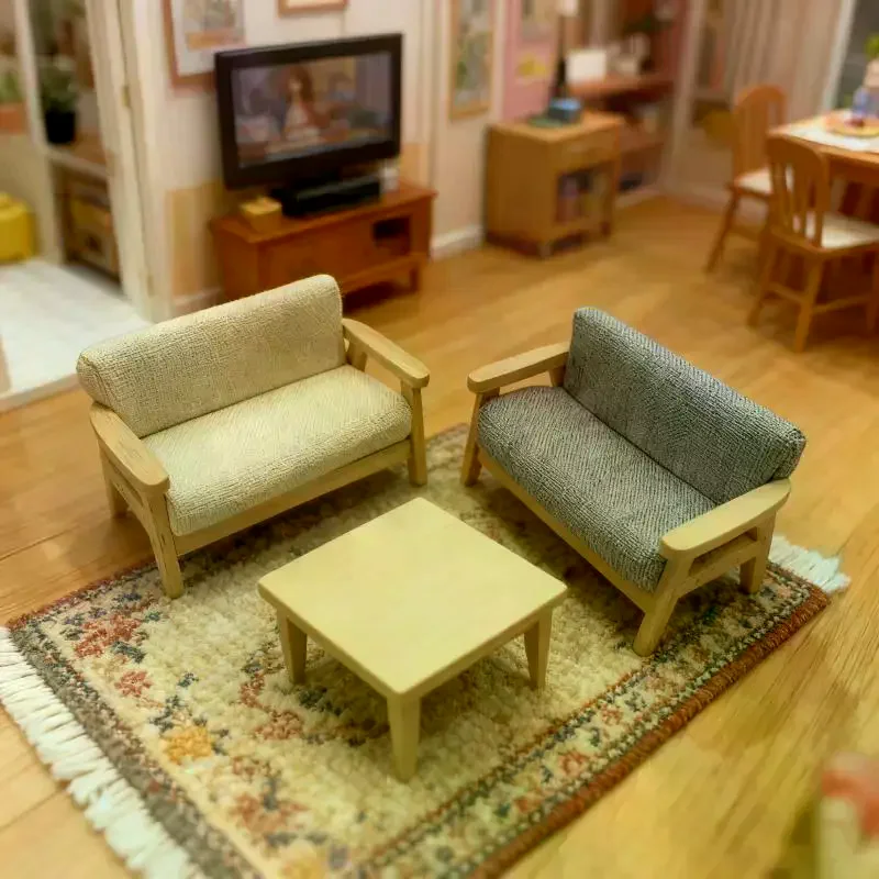 1개 시뮬레이션 미니어처 거실 의자 1:12 미니 인형집 가구 나무 이중 소파 어린이 역할 놀이 인형집 장식