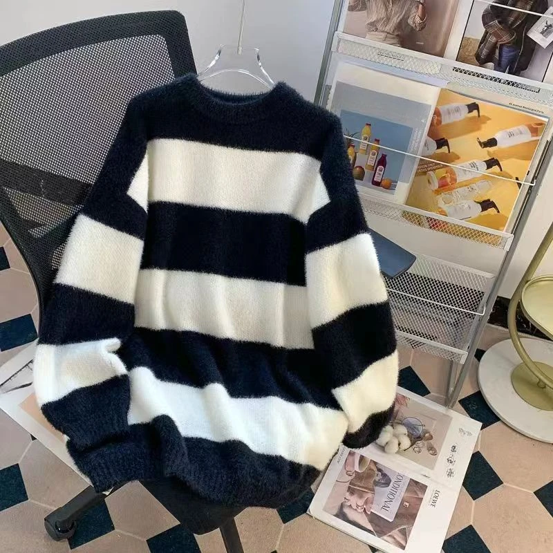 Women's Black and White Striped Knitted Sweaters O-Neck Tops Long SleeveCasual Loose Pullover Simple Chic Clothes Korean Fashion