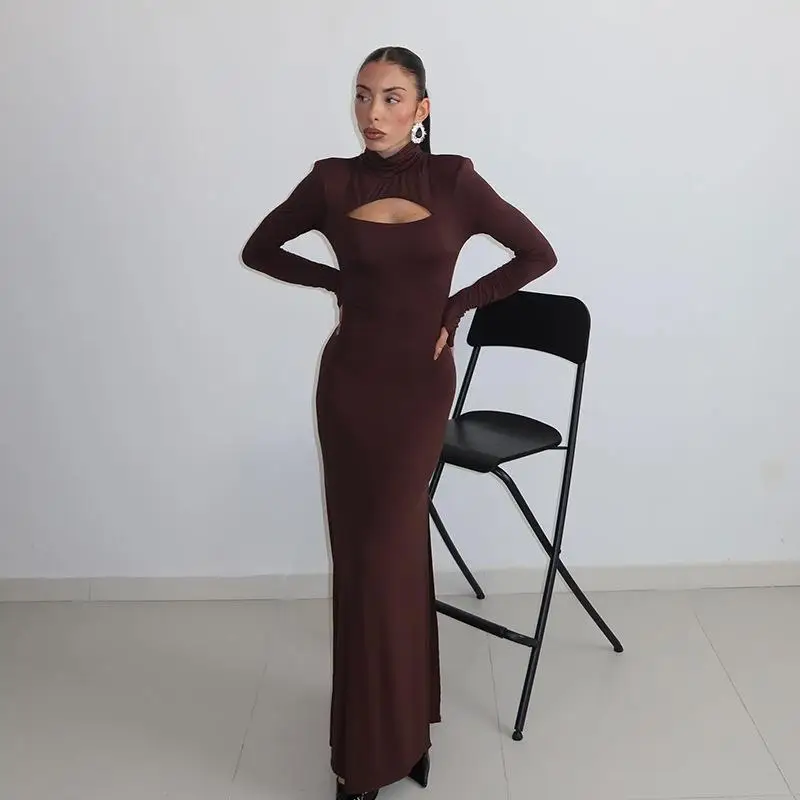 Ele High Collar Long Sve Hollow out Slit Dr Faionable Autumn Winter Women's Clothing Cross-Border High-End Lady S...
